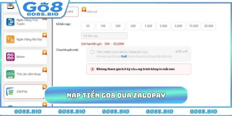 Nạp tiền GO8 qua ZaloPay